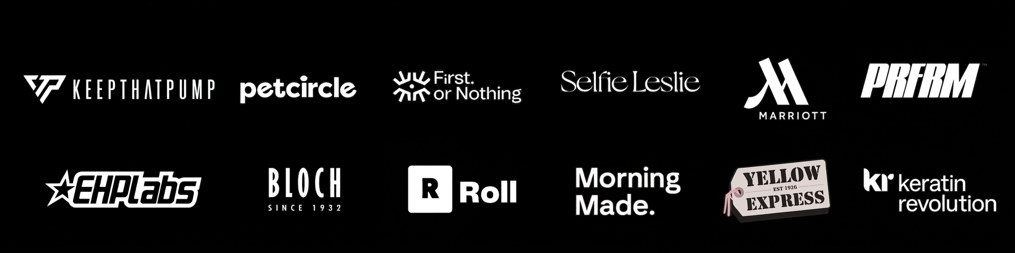 Client logos including Marriott, PetCircle, EHP Labs, Bloch and more